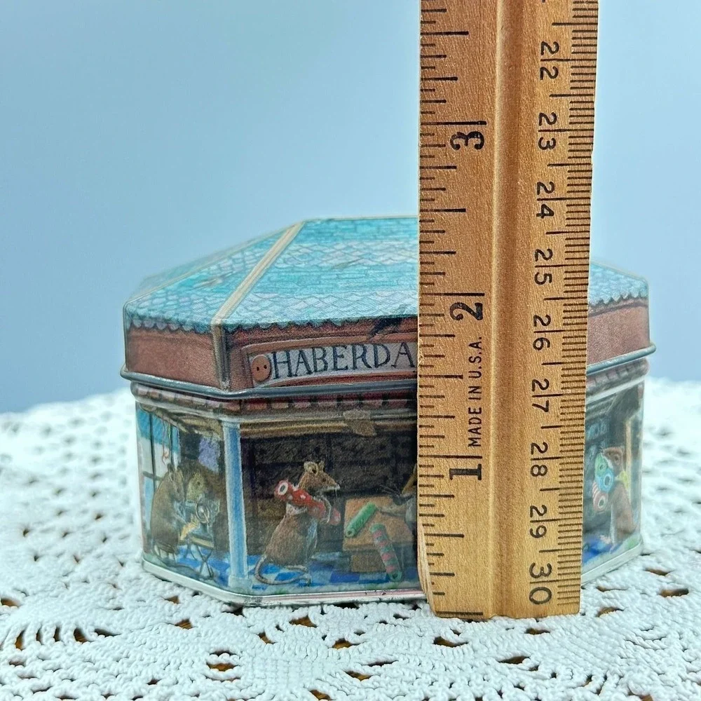 Vintage Style Haberdashery Mice Octagonal Decorative Metal Trinket Tin Blue